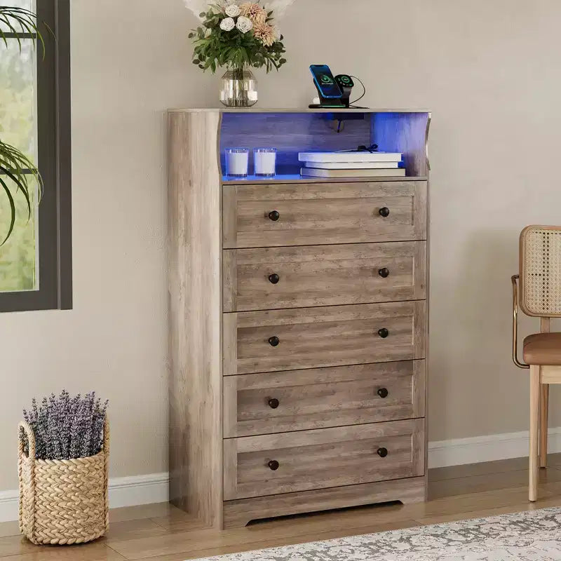 COZONY 5-Drawer Tall Dresser with Display Shelf, Modern Wood Storage Cabinet for Bedroom Closet Living Room Hallway