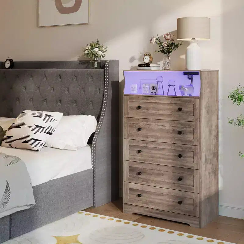 COZONY 5-Drawer Tall Dresser with Display Shelf, Modern Wood Storage Cabinet for Bedroom Closet Living Room Hallway