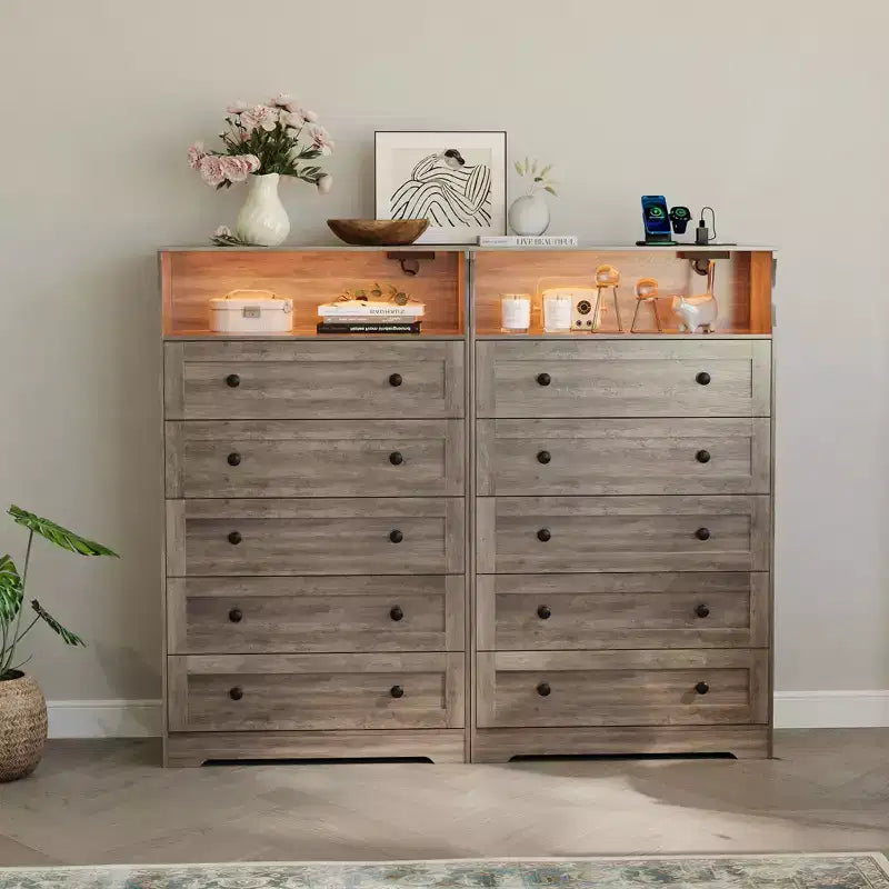 COZONY 5-Drawer Tall Dresser with Display Shelf, Modern Wood Storage Cabinet for Bedroom Closet Living Room Hallway