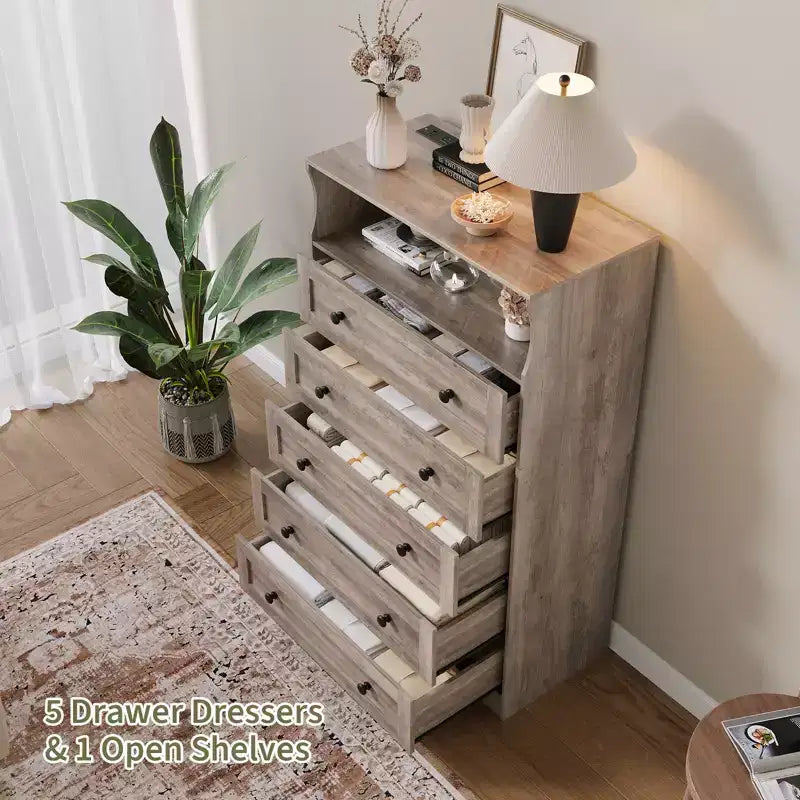 COZONY 5-Drawer Tall Dresser with Display Shelf, Modern Wood Storage Cabinet for Bedroom Closet Living Room Hallway