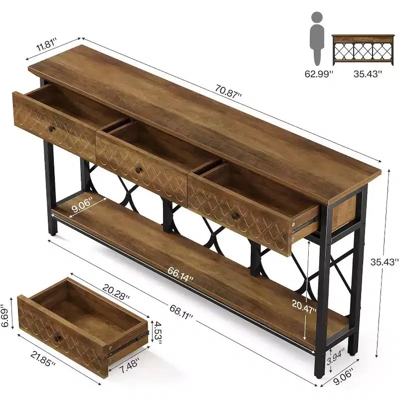 Lantine 70.86 Extra Long Console Sofa Table with 3 Drawers, Industrial 2-Tier Narrow Entryway Table for Living Room, Hallway