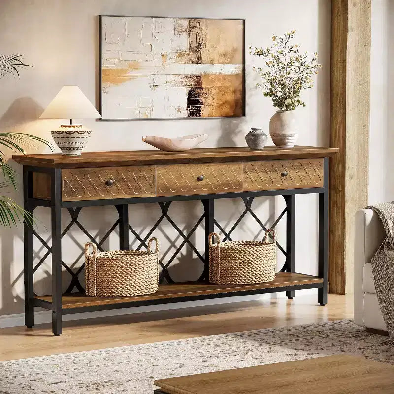 Lantine 70.86 Extra Long Console Sofa Table with 3 Drawers, Industrial 2-Tier Narrow Entryway Table for Living Room, Hallway