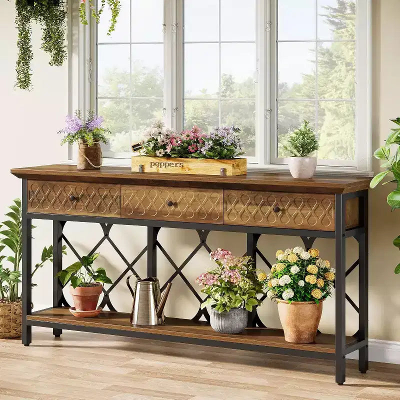 Lantine 70.86 Extra Long Console Sofa Table with 3 Drawers, Industrial 2-Tier Narrow Entryway Table for Living Room, Hallway