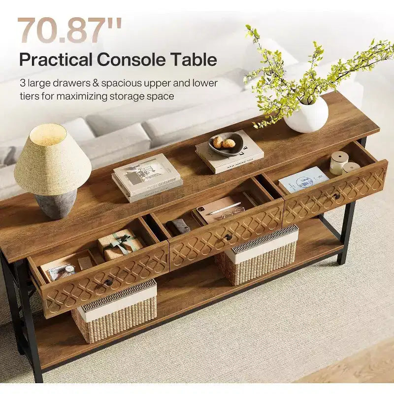 Lantine 70.86 Extra Long Console Sofa Table with 3 Drawers, Industrial 2-Tier Narrow Entryway Table for Living Room, Hallway