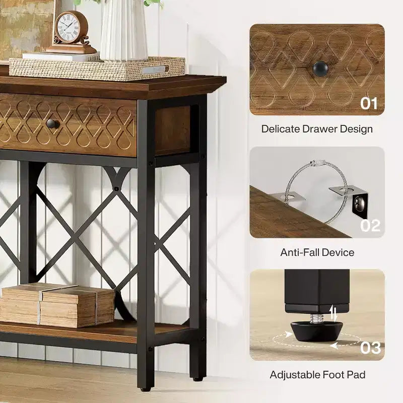 Lantine 70.86 Extra Long Console Sofa Table with 3 Drawers, Industrial 2-Tier Narrow Entryway Table for Living Room, Hallway