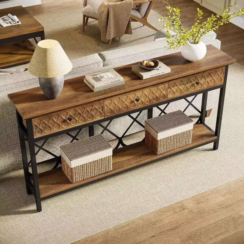 Lantine 70.86 Extra Long Console Sofa Table with 3 Drawers, Industrial 2-Tier Narrow Entryway Table for Living Room, Hallway