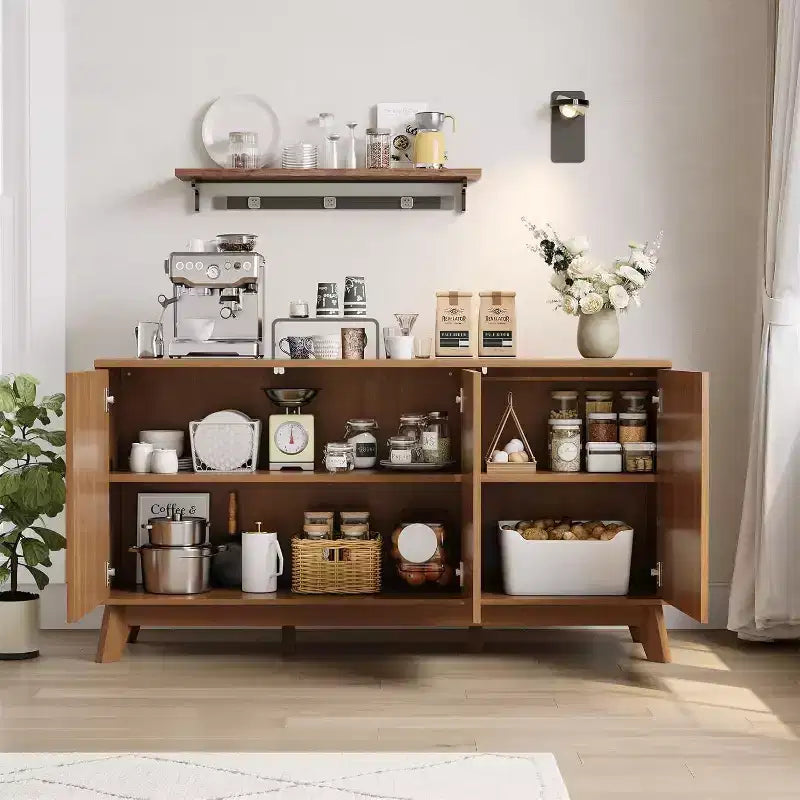 58 Wood Sideboard Buffet Cabinet with Curved Doors, Adjustable Shelves, Modern Farmhouse Storage Console for Dining Room, Coffee Bar