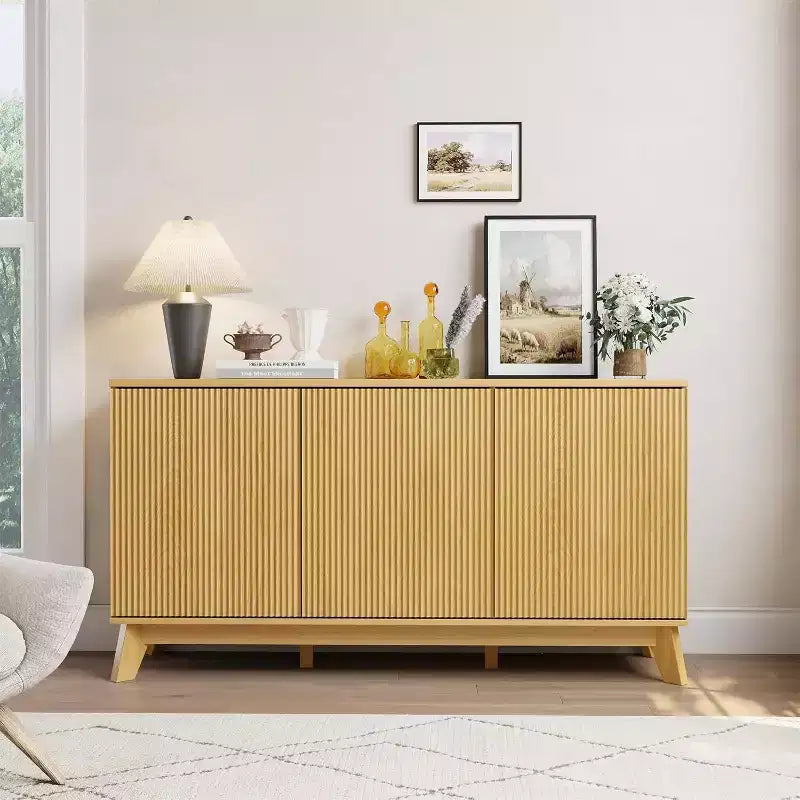 58 Wood Sideboard Buffet Cabinet with Curved Doors, Adjustable Shelves, Modern Farmhouse Storage Console for Dining Room, Coffee Bar