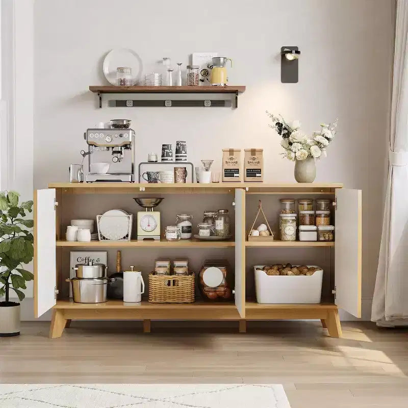 58 Wood Sideboard Buffet Cabinet with Curved Doors, Adjustable Shelves, Modern Farmhouse Storage Console for Dining Room, Coffee Bar