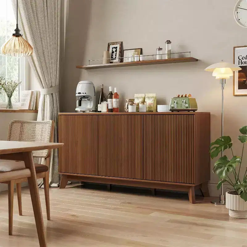 58 Wood Sideboard Buffet Cabinet with Curved Doors, Adjustable Shelves, Modern Farmhouse Storage Console for Dining Room, Coffee Bar