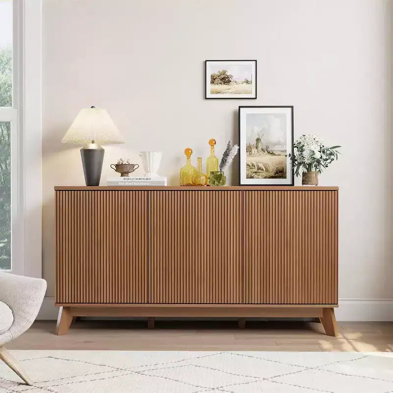 58 Wood Sideboard Buffet Cabinet with Curved Doors, Adjustable Shelves, Modern Farmhouse Storage Console for Dining Room, Coffee Bar