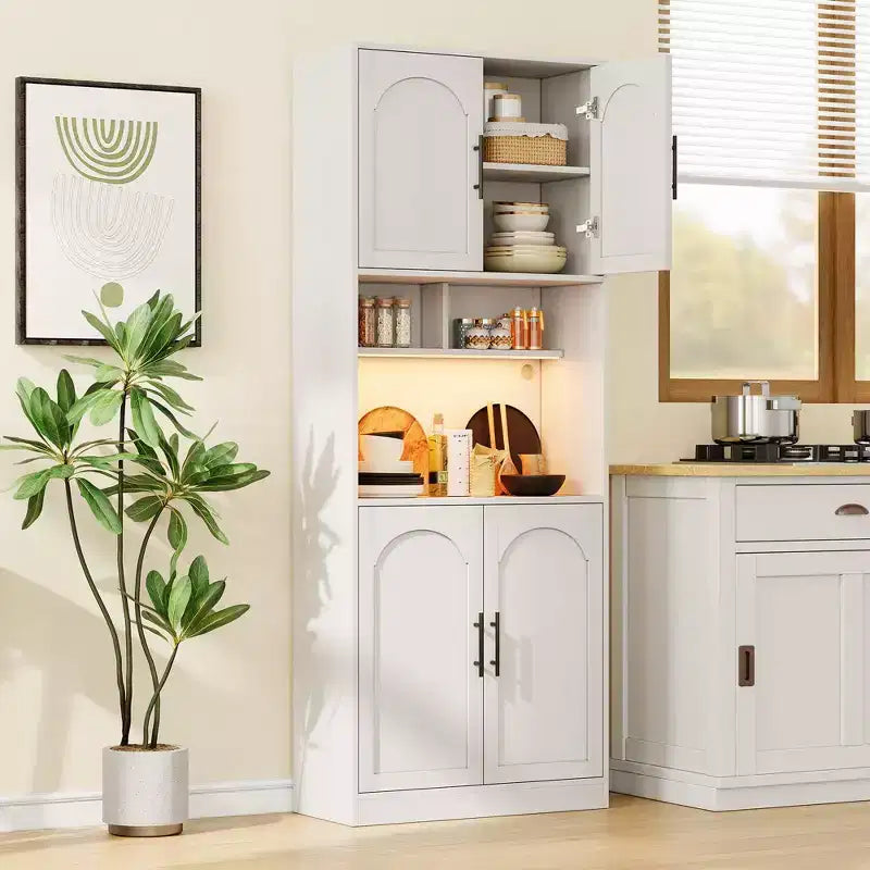 Tall Kitchen Hutch Bar Cabinet with Microwave Stand Kitchen Pantry Cabinet with LED Light, Cupboard for Dining Room,