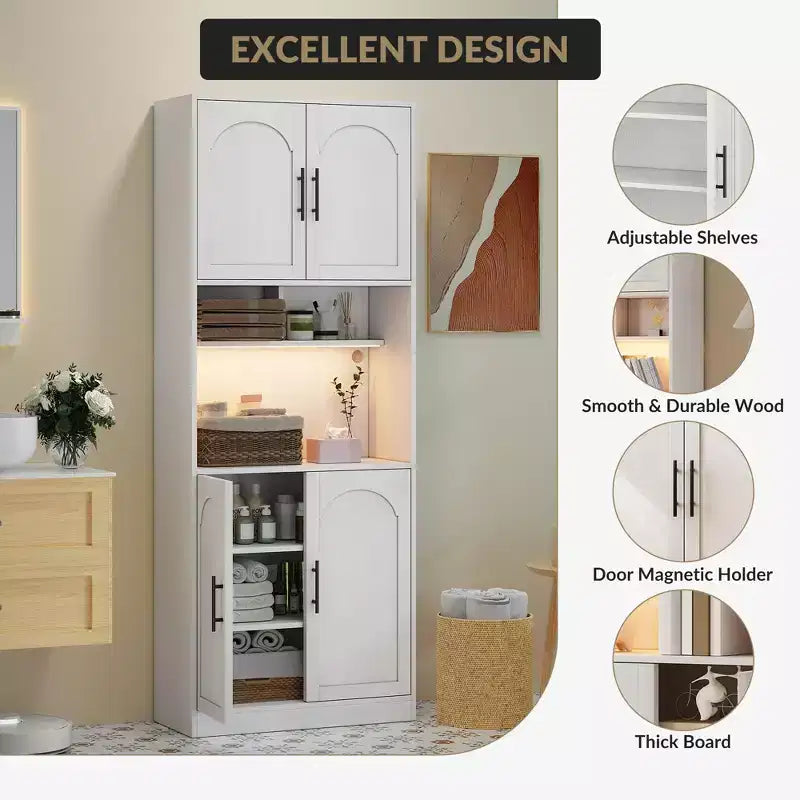 Tall Kitchen Hutch Bar Cabinet with Microwave Stand Kitchen Pantry Cabinet with LED Light, Cupboard for Dining Room,