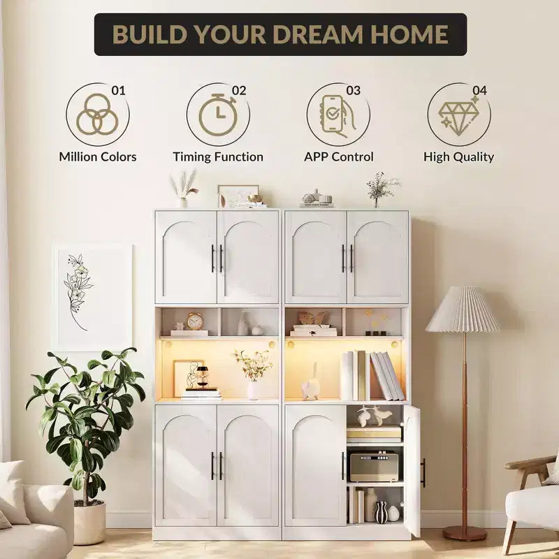 Tall Kitchen Hutch Bar Cabinet with Microwave Stand Kitchen Pantry Cabinet with LED Light, Cupboard for Dining Room,