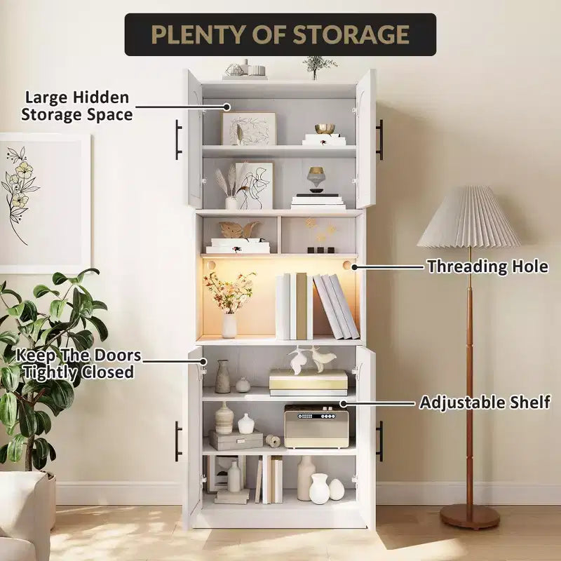 Tall Kitchen Hutch Bar Cabinet with Microwave Stand Kitchen Pantry Cabinet with LED Light, Cupboard for Dining Room,