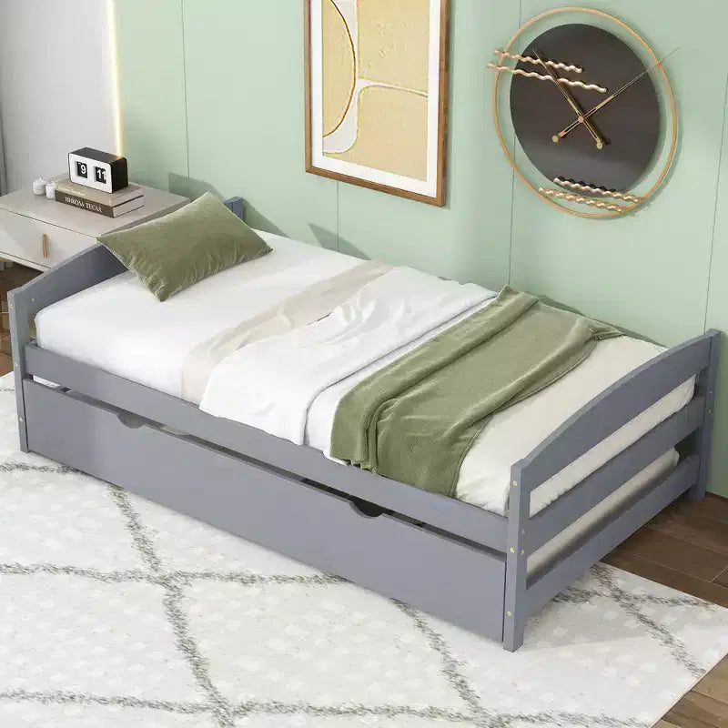 Twin Platform Bed with Headboard, End Board & Trundle, Pine Wood Frame, No Box Spring Needed