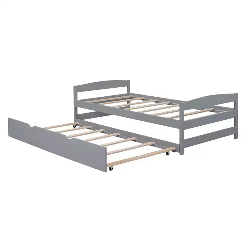 Twin Platform Bed with Headboard, End Board & Trundle, Pine Wood Frame, No Box Spring Needed