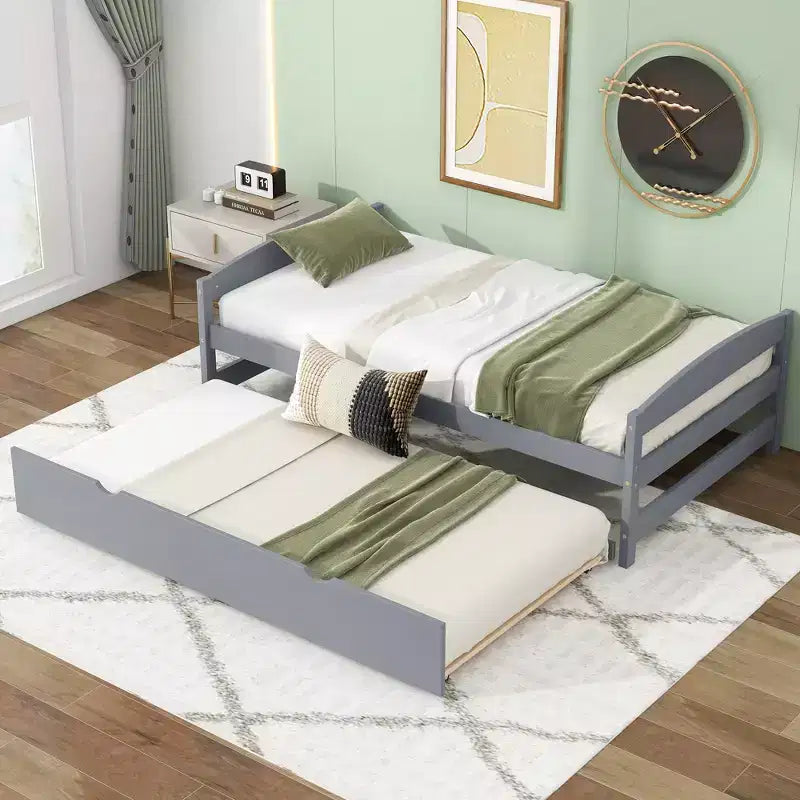 Twin Platform Bed with Headboard, End Board & Trundle, Pine Wood Frame, No Box Spring Needed