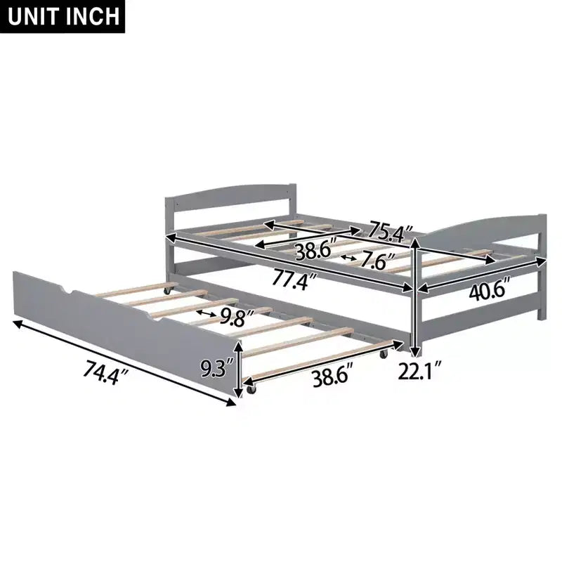 Twin Platform Bed with Headboard, End Board & Trundle, Pine Wood Frame, No Box Spring Needed