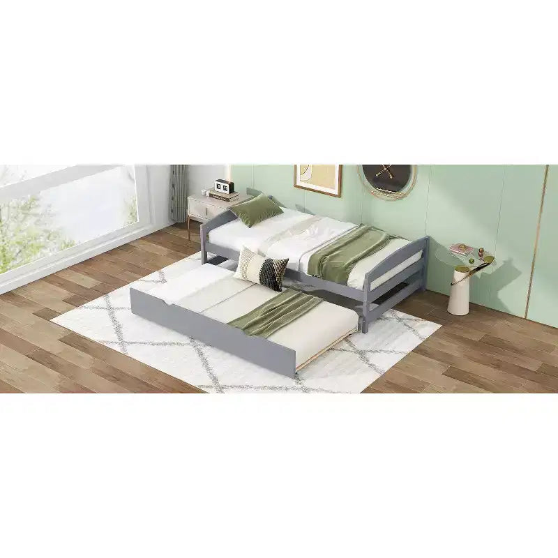 Twin Platform Bed with Headboard, End Board & Trundle, Pine Wood Frame, No Box Spring Needed