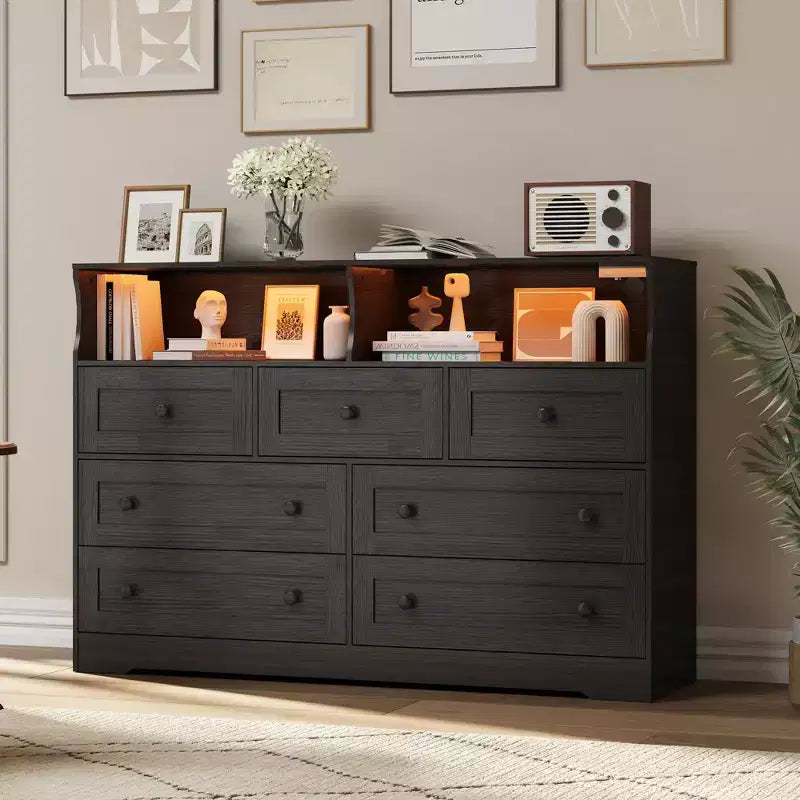 7-Drawer Dresser with LED Lights, 2 Open Compartments & Charging Station for Bedroom, Closet, Entryway