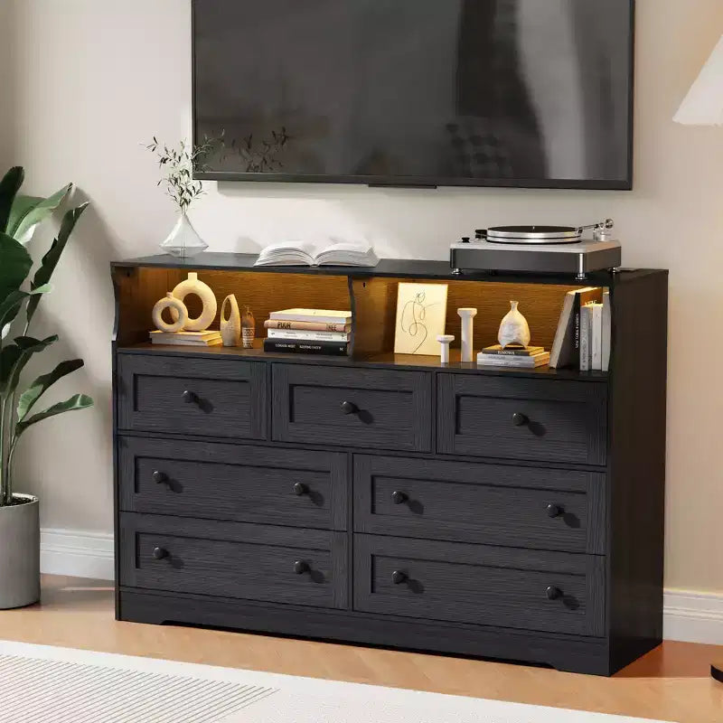 7-Drawer Dresser with LED Lights, 2 Open Compartments & Charging Station for Bedroom, Closet, Entryway