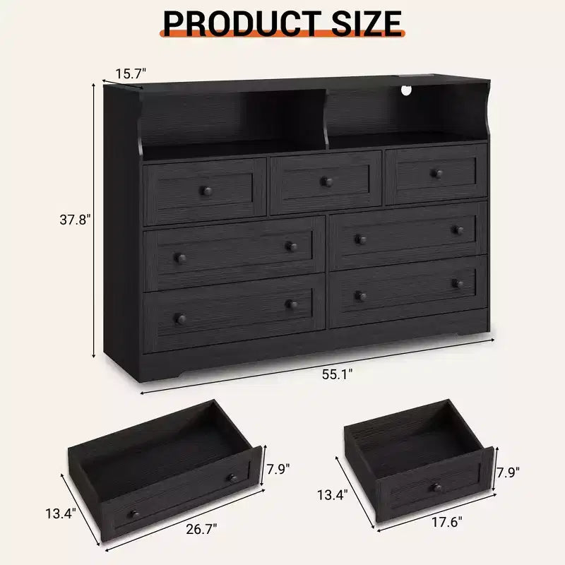 7-Drawer Dresser with LED Lights, 2 Open Compartments & Charging Station for Bedroom, Closet, Entryway