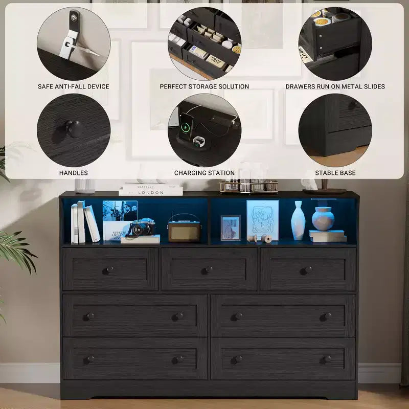 7-Drawer Dresser with LED Lights, 2 Open Compartments & Charging Station for Bedroom, Closet, Entryway