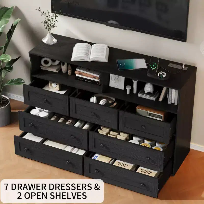 7-Drawer Dresser with LED Lights, 2 Open Compartments & Charging Station for Bedroom, Closet, Entryway