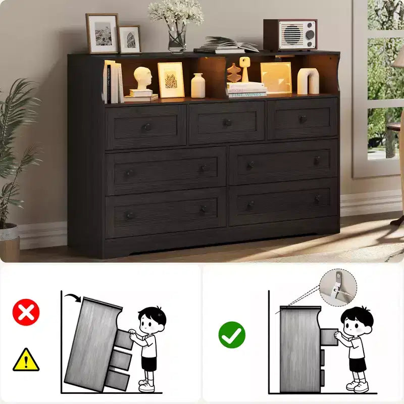 7-Drawer Dresser with LED Lights, 2 Open Compartments & Charging Station for Bedroom, Closet, Entryway