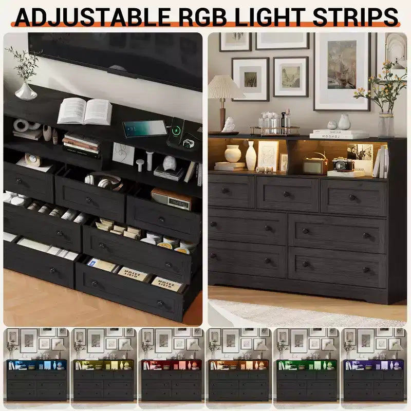 7-Drawer Dresser with LED Lights, 2 Open Compartments & Charging Station for Bedroom, Closet, Entryway
