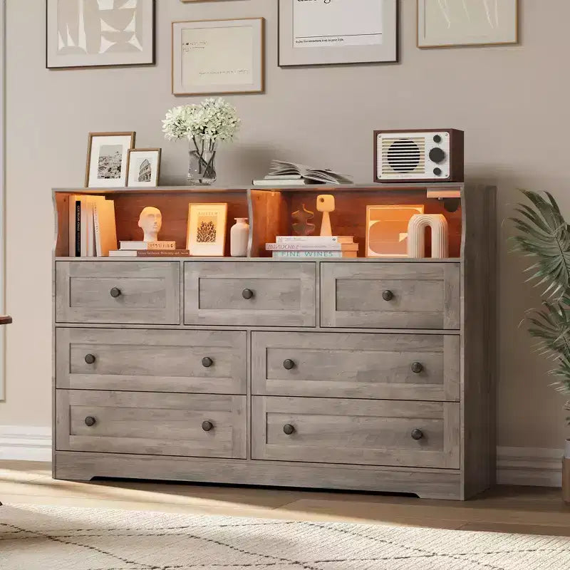 7-Drawer Dresser with LED Lights, 2 Open Compartments & Charging Station for Bedroom, Closet, Entryway