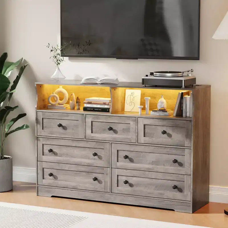 7-Drawer Dresser with LED Lights, 2 Open Compartments & Charging Station for Bedroom, Closet, Entryway