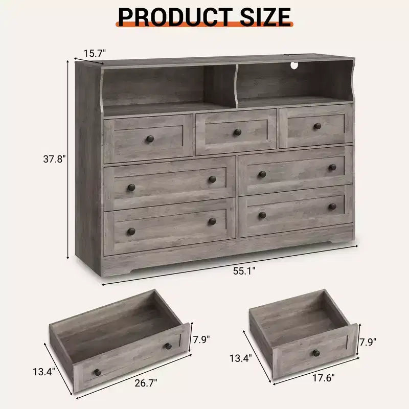 7-Drawer Dresser with LED Lights, 2 Open Compartments & Charging Station for Bedroom, Closet, Entryway