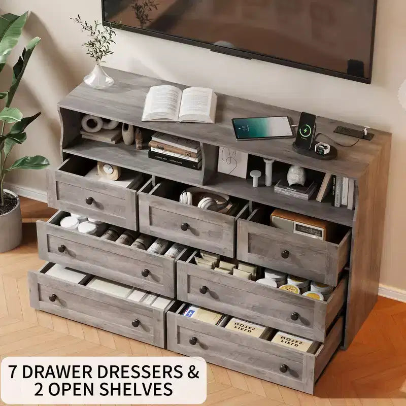 7-Drawer Dresser with LED Lights, 2 Open Compartments & Charging Station for Bedroom, Closet, Entryway
