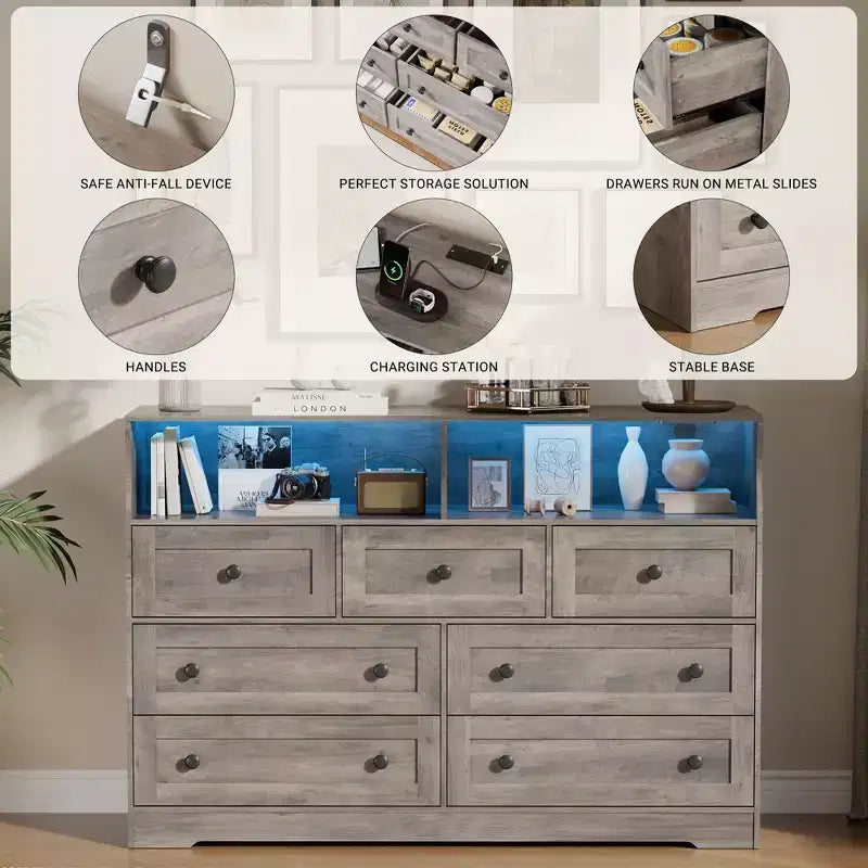 7-Drawer Dresser with LED Lights, 2 Open Compartments & Charging Station for Bedroom, Closet, Entryway