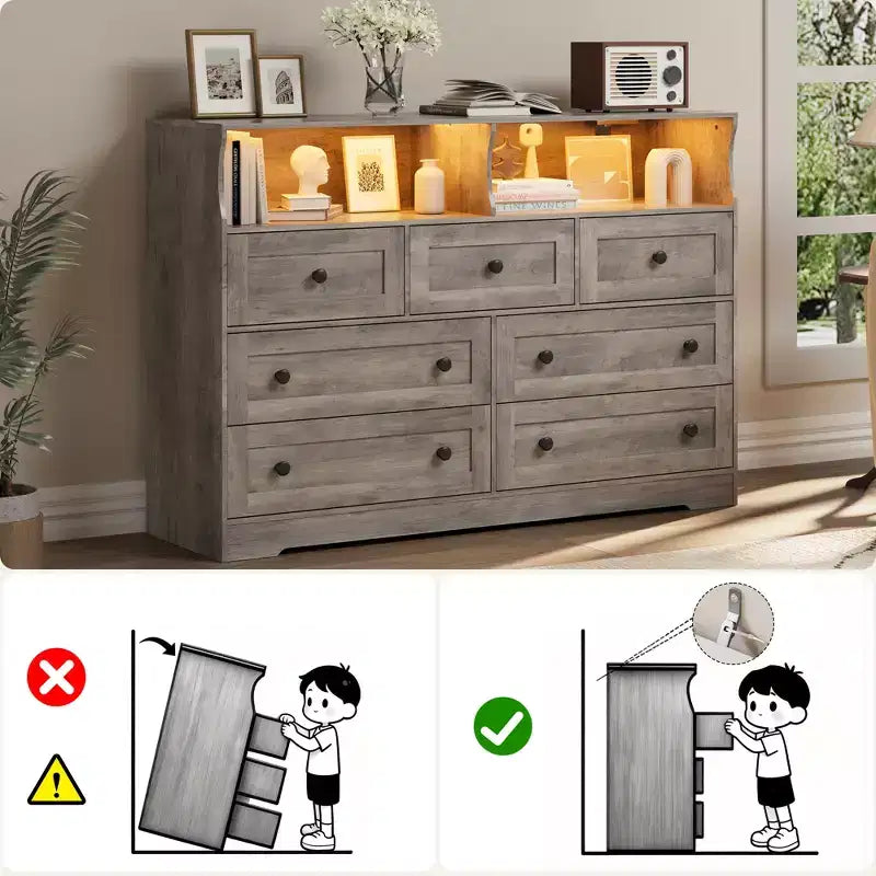 7-Drawer Dresser with LED Lights, 2 Open Compartments & Charging Station for Bedroom, Closet, Entryway
