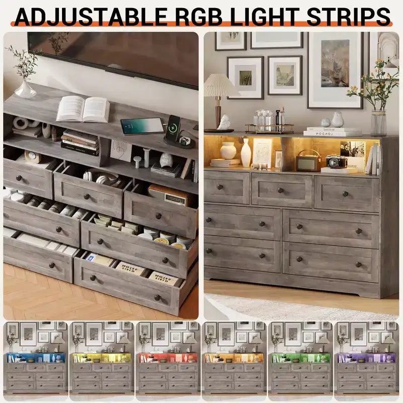 7-Drawer Dresser with LED Lights, 2 Open Compartments & Charging Station for Bedroom, Closet, Entryway