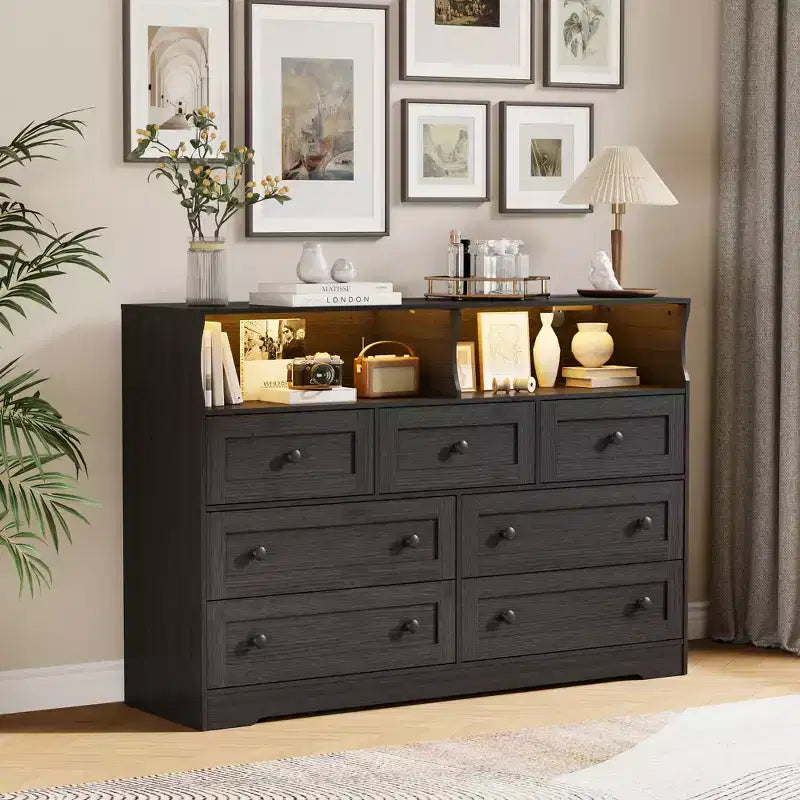 7-Drawer Dresser with LED Lights, 2 Open Compartments & Charging Station for Bedroom, Closet, Entryway