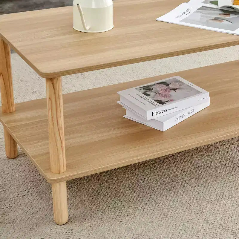 Modern 2-Tier Rectangular Coffee Table with Open Storage Shelf and Rounded Solid Wood Legs, Sofa Table for Living Room, Office, or Reception Area