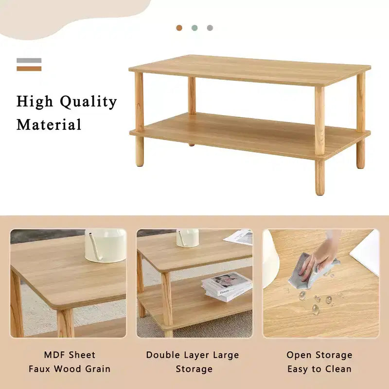 Modern 2-Tier Rectangular Coffee Table with Open Storage Shelf and Rounded Solid Wood Legs, Sofa Table for Living Room, Office, or Reception Area