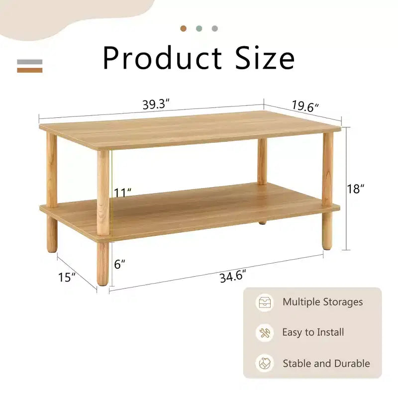 Modern 2-Tier Rectangular Coffee Table with Open Storage Shelf and Rounded Solid Wood Legs, Sofa Table for Living Room, Office, or Reception Area
