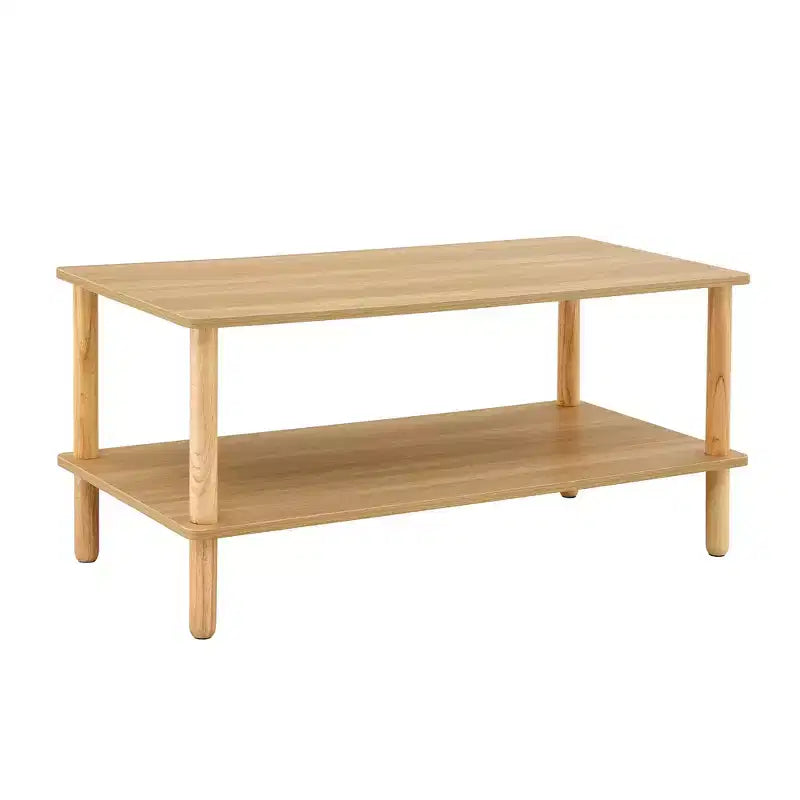 Modern 2-Tier Rectangular Coffee Table with Open Storage Shelf and Rounded Solid Wood Legs, Sofa Table for Living Room, Office, or Reception Area