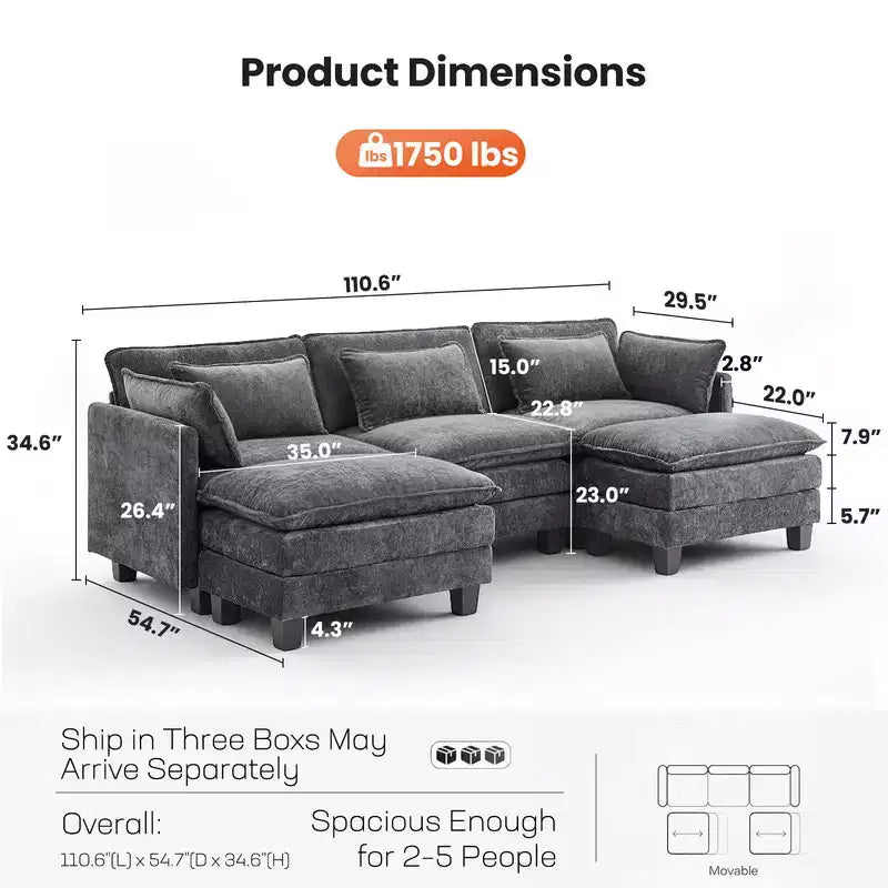 Modern grey Chenille yarn modular segmented sofa, adjustable combination L-shaped sofa, Flexible Combination Living Room Furniture, Blue