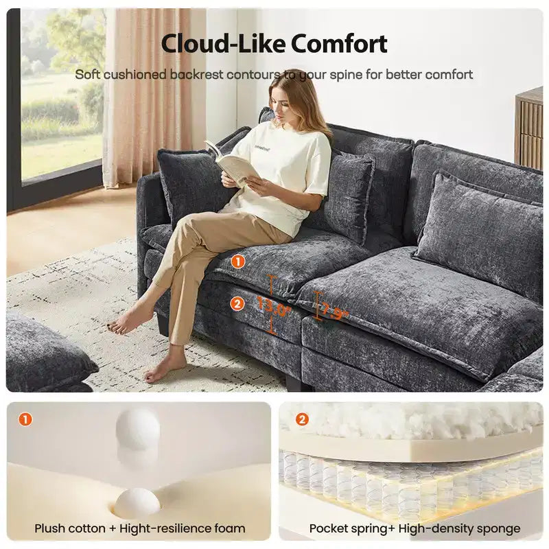 Modern grey Chenille yarn modular segmented sofa, adjustable combination L-shaped sofa, Flexible Combination Living Room Furniture, Blue
