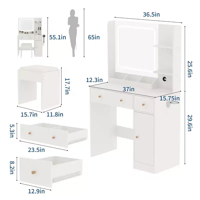Makeup Vanity with Mirror Vanity Table with Hair Dryer Holder Storage Drawers and Shelves with Upholstered Stool for Bedroom