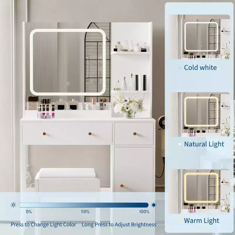 Makeup Vanity with Mirror Vanity Table with Hair Dryer Holder Storage Drawers and Shelves with Upholstered Stool for Bedroom