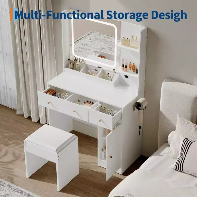 Makeup Vanity with Mirror Vanity Table with Hair Dryer Holder Storage Drawers and Shelves with Upholstered Stool for Bedroom
