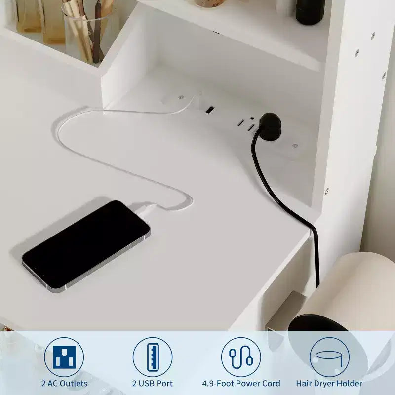 Makeup Vanity with Mirror Vanity Table with Hair Dryer Holder Storage Drawers and Shelves with Upholstered Stool for Bedroom