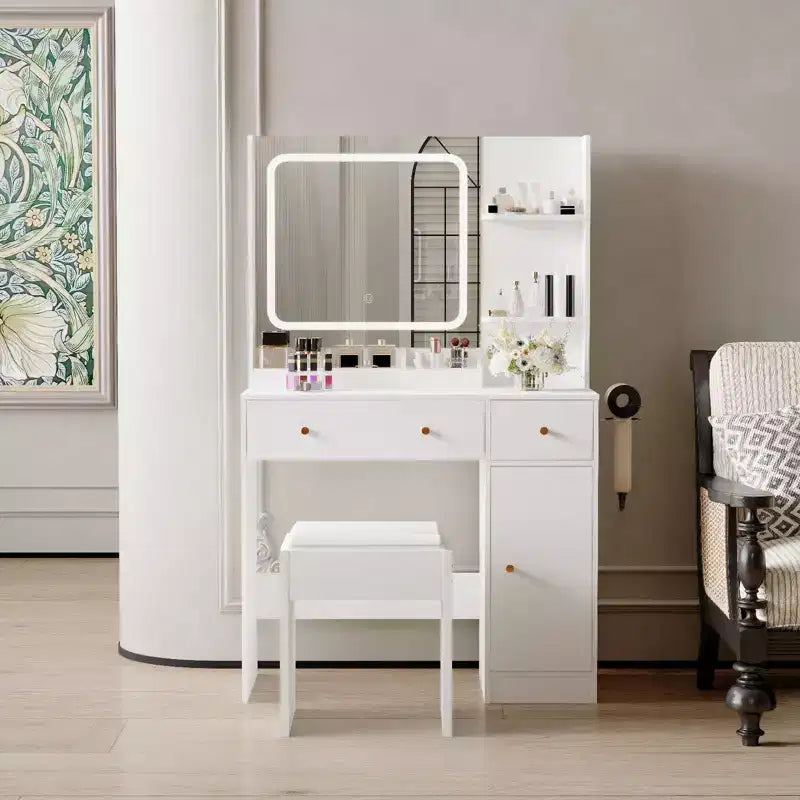 Makeup Vanity with Mirror Vanity Table with Hair Dryer Holder Storage Drawers and Shelves with Upholstered Stool for Bedroom